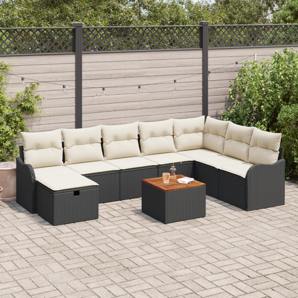 Set di Divani da Giardino di 9 Pezzi con Cuscini Nero Polyrattan