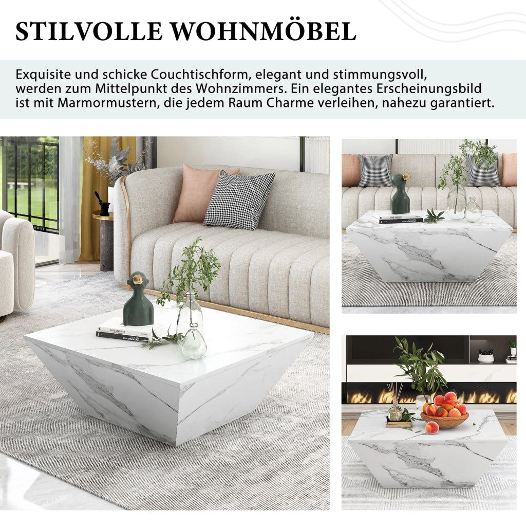 Tavolino da salotto moderno trapezoidale 70x70x37 cm in MDF con finitura effetto marmo bianco