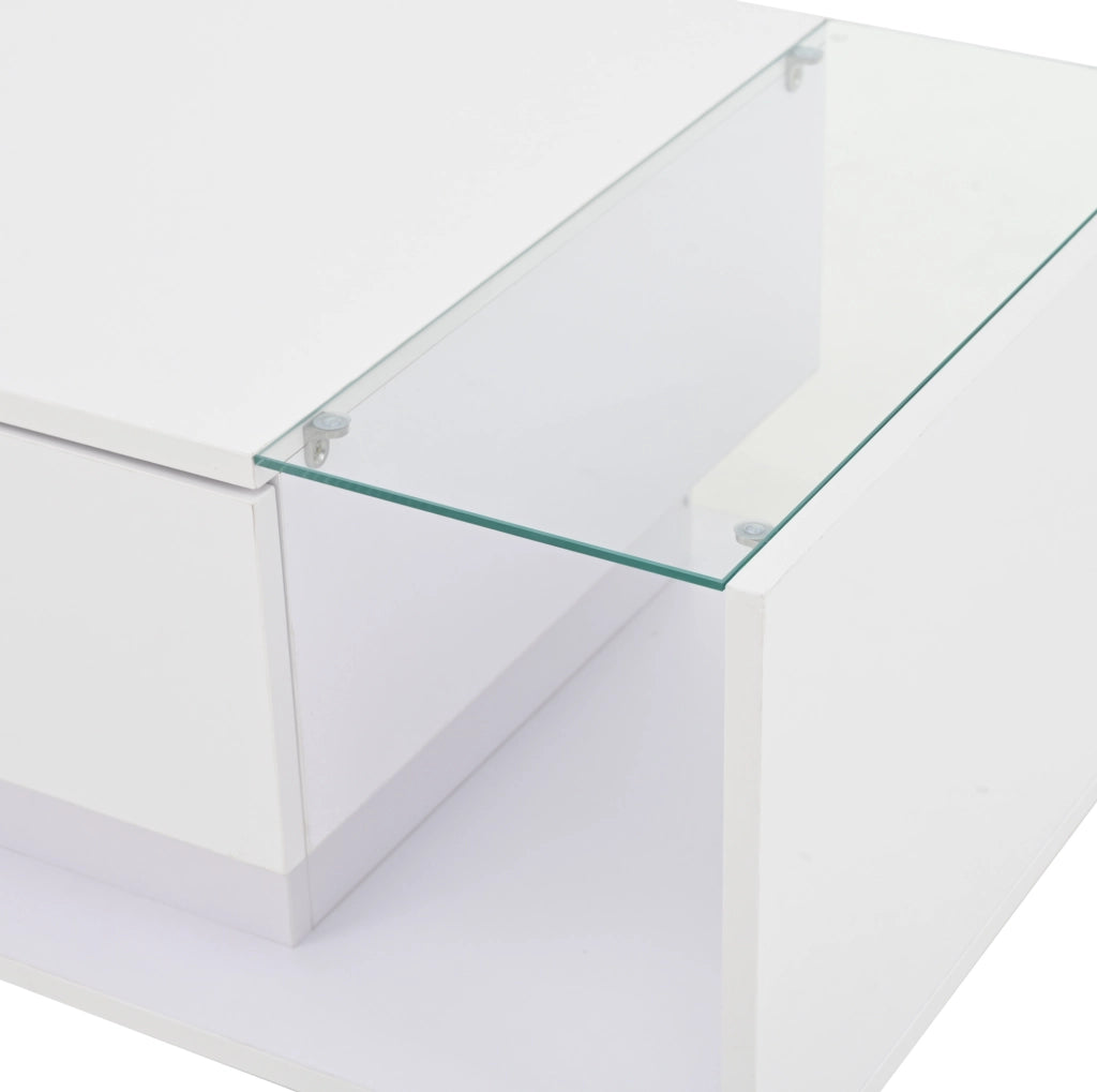 Tavolino da salotto quadrato 100 x 50 x 31 cm con 1 cassetto; LED e vetro temperato bianco lucido