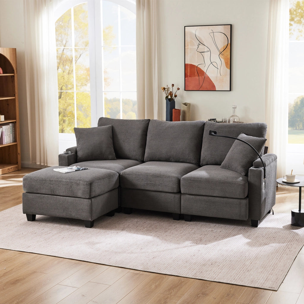 Divano angolare reversibile multifunzione con pouf; porta USB; 2 cuscini; in velluto a coste grigio scuro 213;5 Ã— 139 Ã— 87 cm