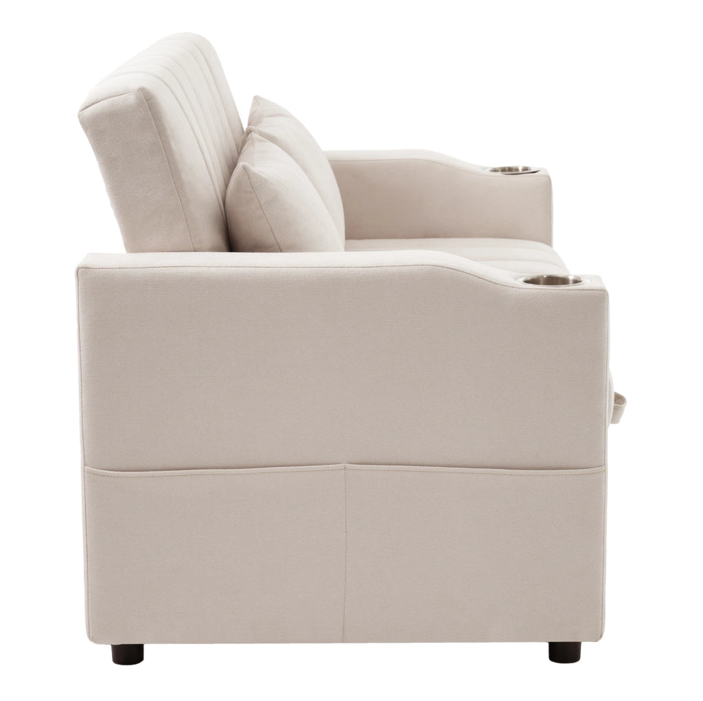 Divano letto multifunzionale 136x162x84 cm con schienale a 3 posizioni; 2 cuscini; cotone beige