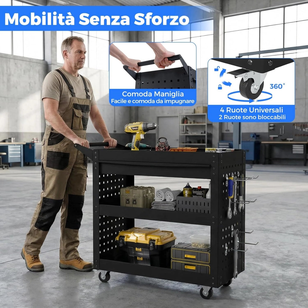 Carrello Portautensili a 3 Ripiani con Ruote, Carrello Attrezzi in Metallo con Cassetto Grande, 2 Pannelli Forati e 8 Ganci, Carrello di Servizio per Garage e Officina, Portata 250 kg