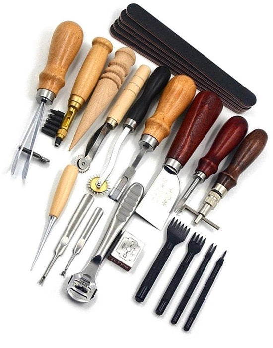 Set di lavorazione della pelle professionale e robusto - 19 pezzi - Adatto per il lavoro artigianale della pelle - Ideale per i creativi...