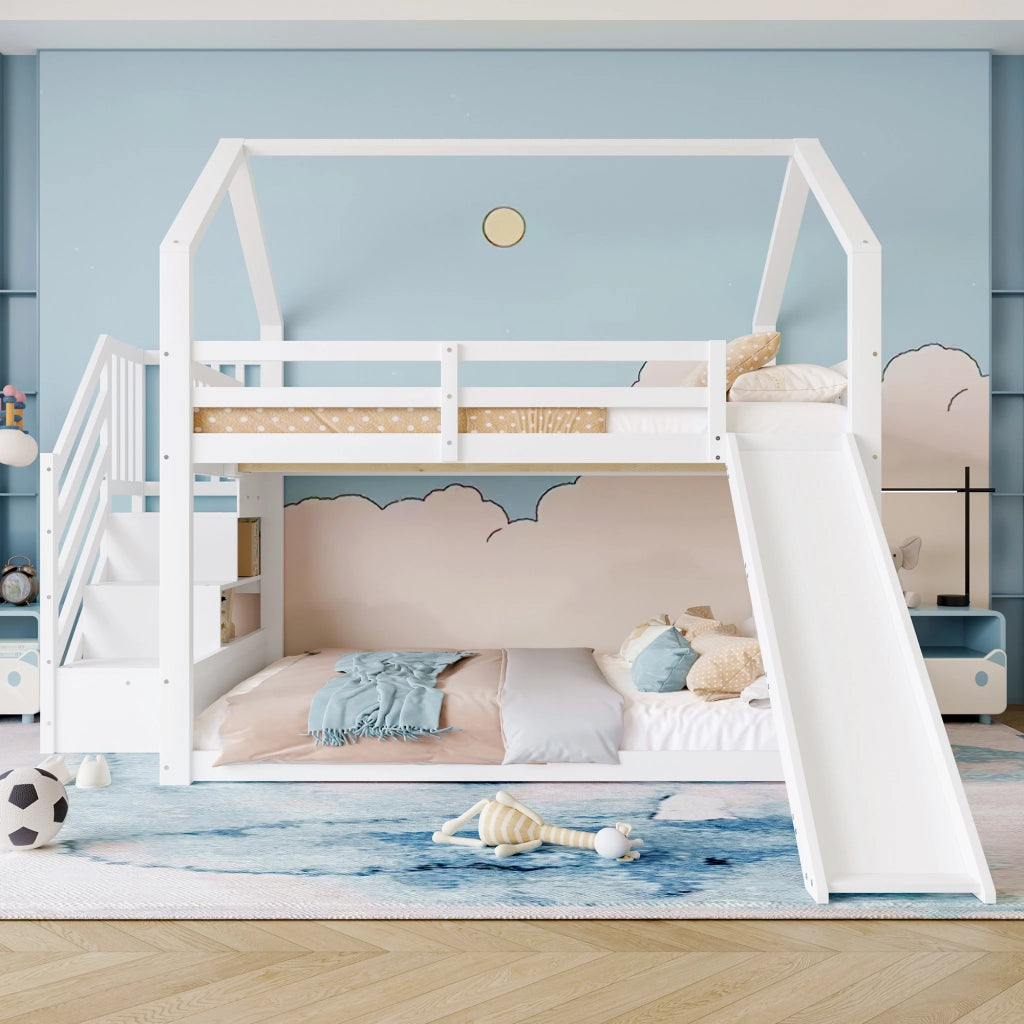 Letto a Soppalco Letto Matrimoniale con Scala Contenitore; Scivolo e Sponde 140×200 cm; senza Materasso; Bianco