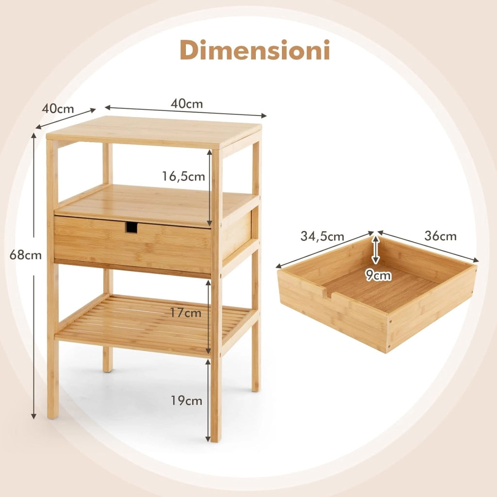 Set di 2 Comodino Tavolino con Cassetto e 3 Ripiani, Comodino Camera da Letto in Bambù, Comodino Salvaspazio Classico, per Soggiorno, Ufficio e Bagno, 40 x 40 x 68 cm (2)