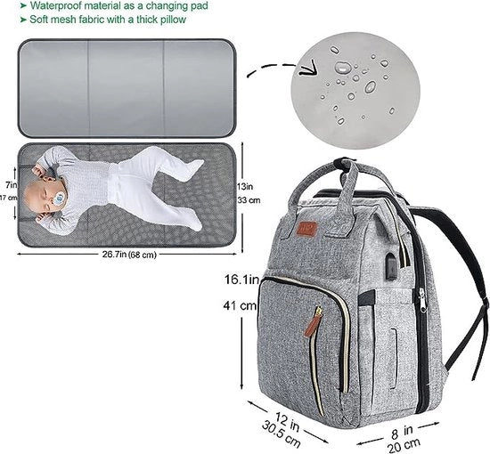 Sacchetto di cambio, sacchetto di cambio con grande capacità, sacchetto di cambio per bambini con cuscino di cambiamento portatile e cinture di seggiolino per la mamma e il papà, grigio