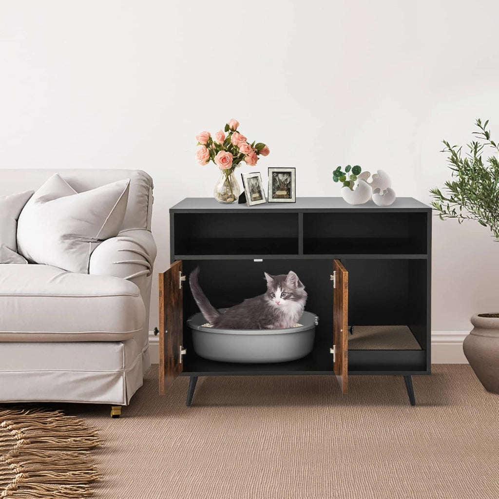 Mobile per Lettiera Gatti con Tira graffi, Gambe Inclinate in Metallo e 2 Ripiani per Riporre gli Oggetti, Casetta in Legno da Interno per Gattini e Gatti Grandi, 90 x 50 x 69 cm