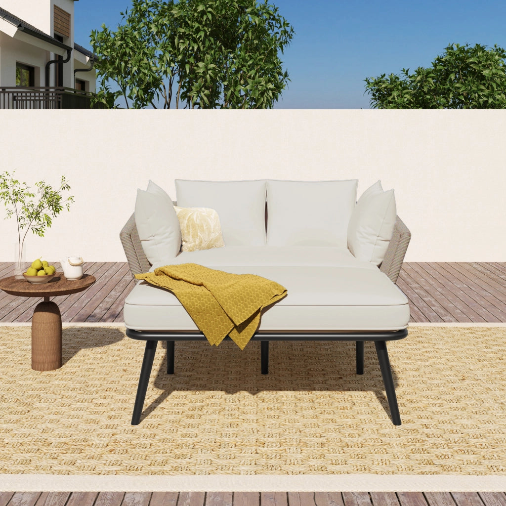 Chaise longue da giardino con cuscino spesso e braccioli intrecciati in corda, acciaio zincato, khaki sfoderabile