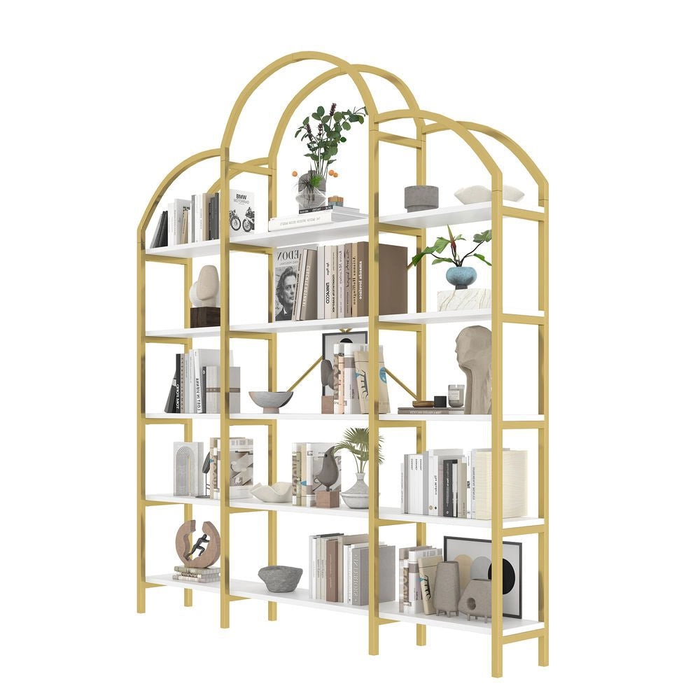??tag??re de style simple - Xylo - 170x25x190 cm - Dor?? + blanc - Tube acier MDF 5 niveaux forme nuage facile ?? monter