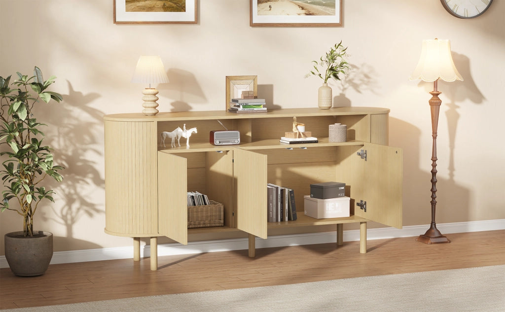 Credenza e madia con 3 ante a onde e vani aperti, per soggiorno, in truciolare, naturale, 160 × 40 × 78,5 cm