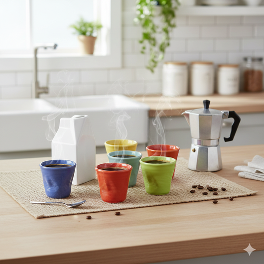 Set 6 Tazzine da caffè Accartocciati Multicolor con Lattiera Bianca in Gres Kaleidos