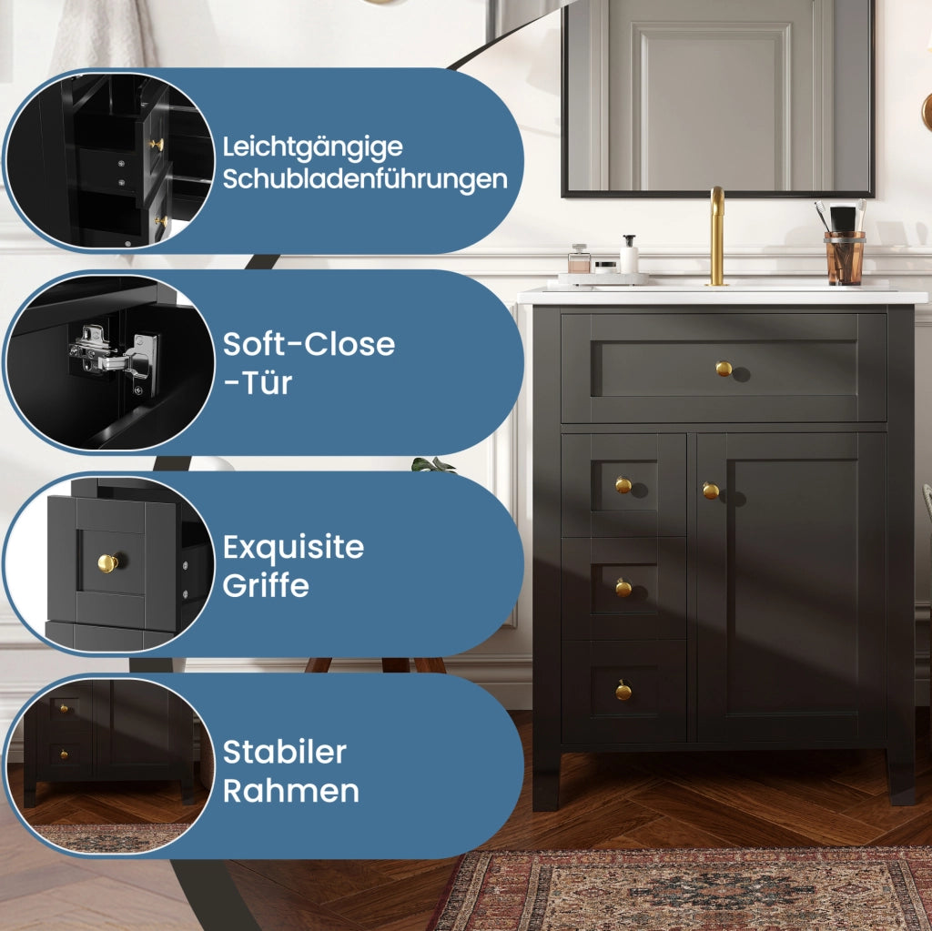 Mobile bagno con lavabo in ceramica; 61 × 47 × 86 cm; MDF nero lucido