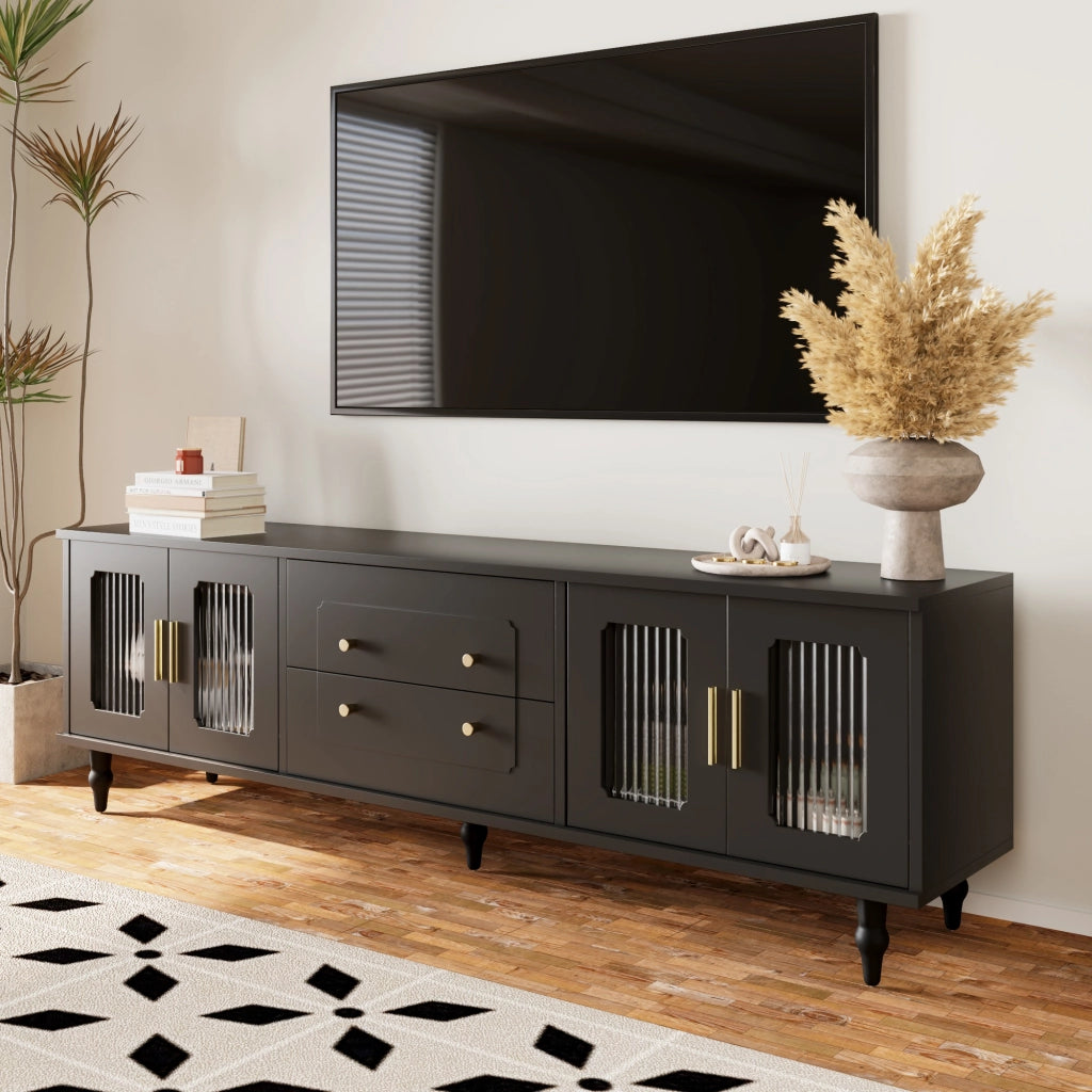 Mobile TV Basso Stile Retr¨° ¨C MINIMAL ¨C Legno Massello, Porta in Vetro, Nero
