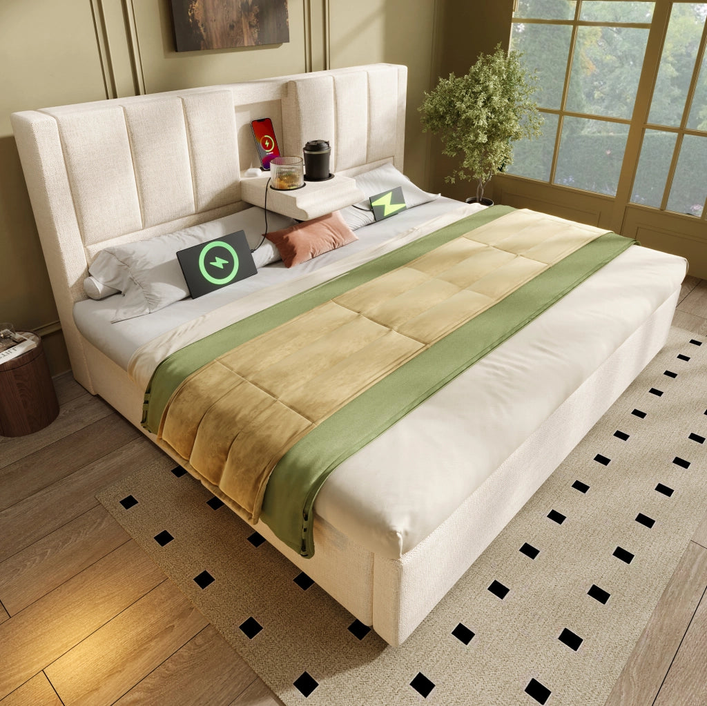 Letto imbottito 160x200 cm con contenitore, USB e portabicchieri