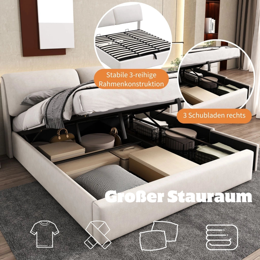 Letto contenitore 160 × 200 cm con 3 cassetti, apertura idraulica e vano integrato, senza materasso, in velluto beige