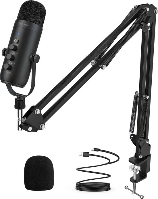 Microfono professionale - Microfono con manico - USB - Cancella rumore integrato - Gaming - con interruttore di silenzio, controllo eco, controllo volume, controllo studio, filtro di pop, manico di microfono