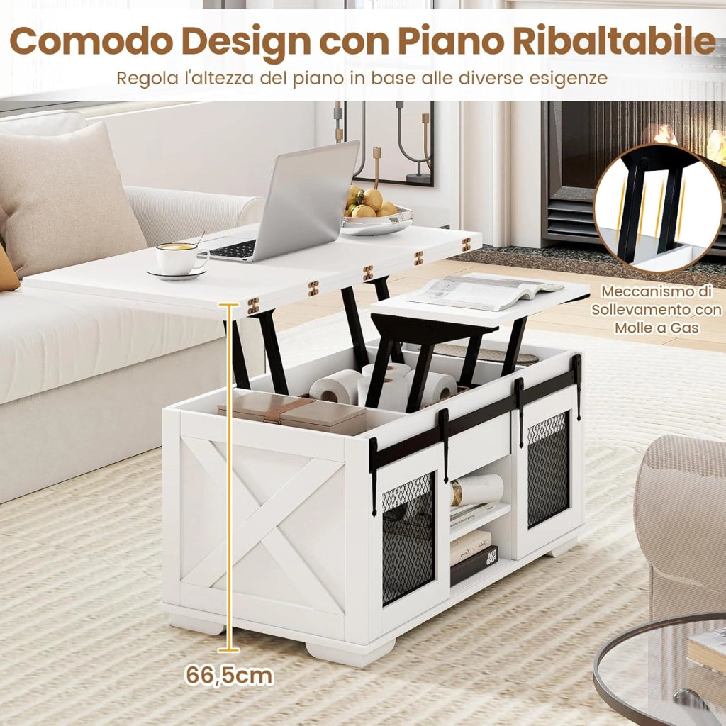 Tavolino da Salotto con Piano Sollevabile e Pieghevole, 3 in 1 Tavolo Convertibile e Salvasapzio con 2 Ante Scorrevoli, Ripiani Aperti, 3 Scomparti Nascosti e Piedini Antiscivolo (Bianco)