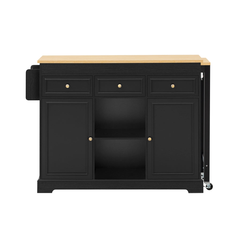 Mobile contenitore con 3 cassetti; piano estraibile e ruote - per cucina e sala da pranzo - nero naturale - 112-188x45x92 cm