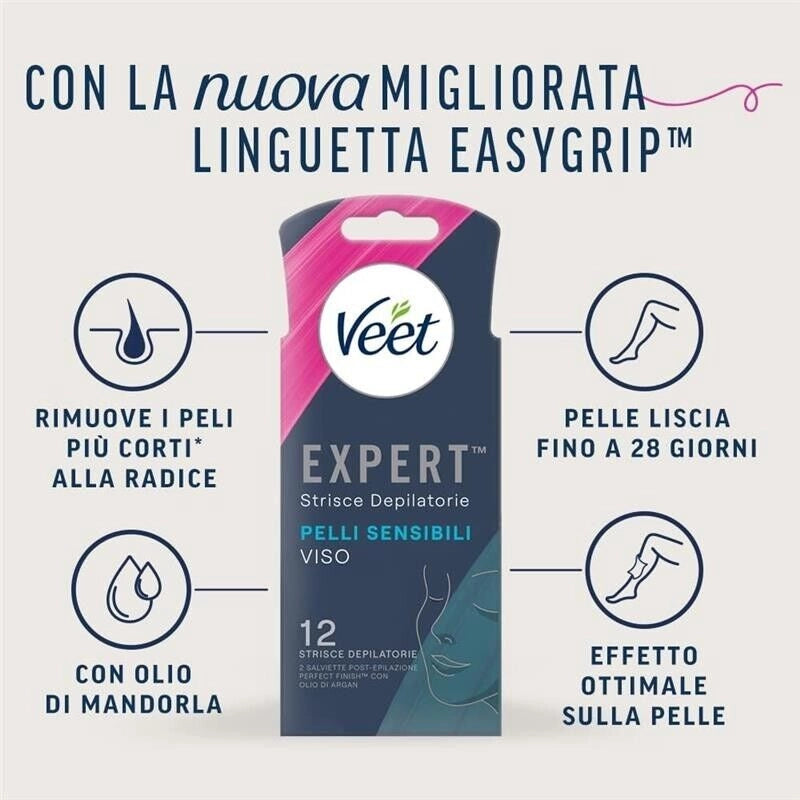 VEET EXPERT STRISCE DEPILATORIE VISO PER PELLI SENSIBILI 12 STRISCE (6X2 STRISCE) + 2 SALVIETTE POST-EPILAZIONE