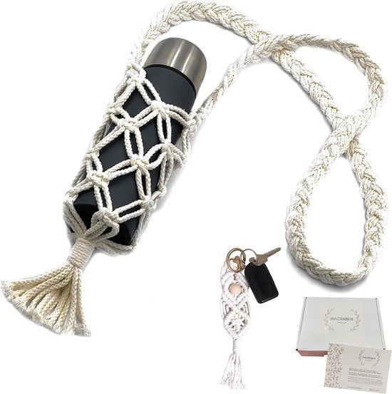 Supporto per bottiglia per tessuti biologici da appendere - Carrozza per bottiglia Macrame per acqua o vino - Supporto per bottiglia premium boho per viaggi, festival Carrozza per bottiglia fino a 0,75 L