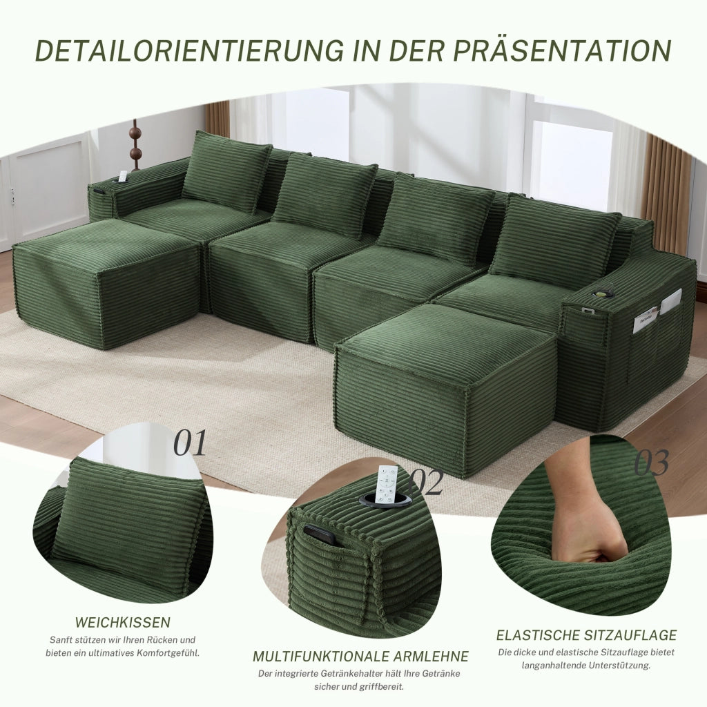 Divano modulare 4 posti con portabicchieri e tasche laterali in tessuto a coste verde 330 × 162 × 75 cm