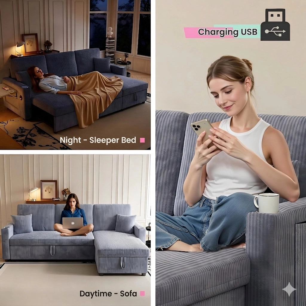Divano ad angolo convertibile modulare con contenitore, porte USB e portabicchieri in velluto a coste grigio