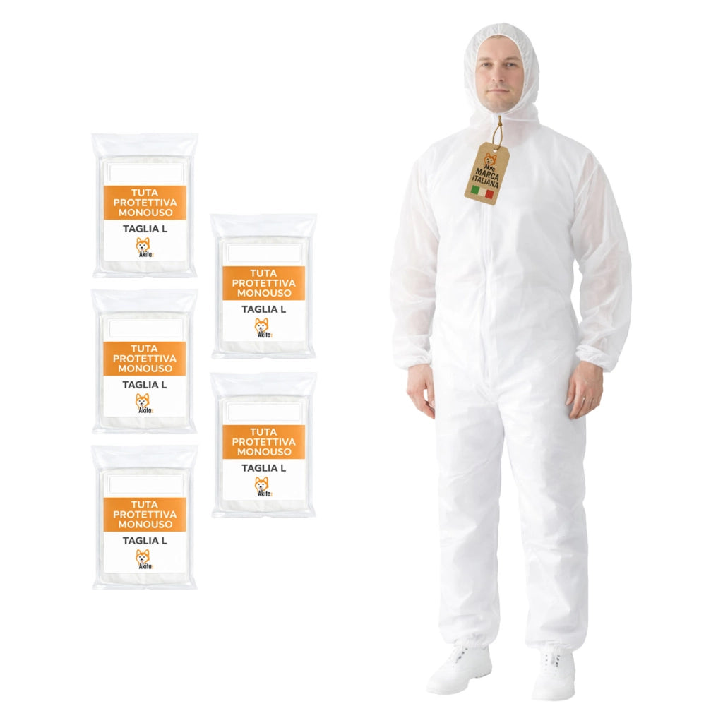 Akitaink Tuta Monouso in PP con Cappuccio e Zip 5 Pz Taglia L
