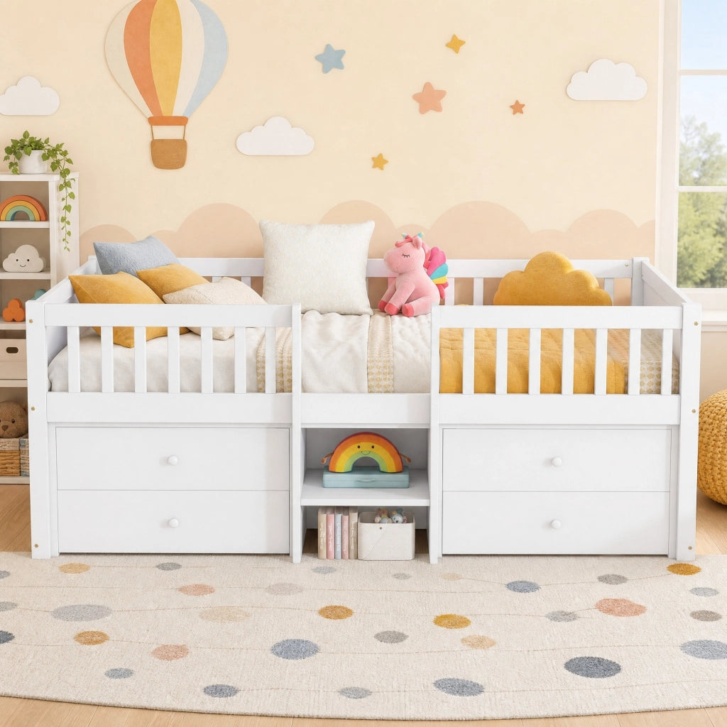 LETTO Semialto 90x200 cm con 4 cassetti scala e sponde in legno di pino bianco