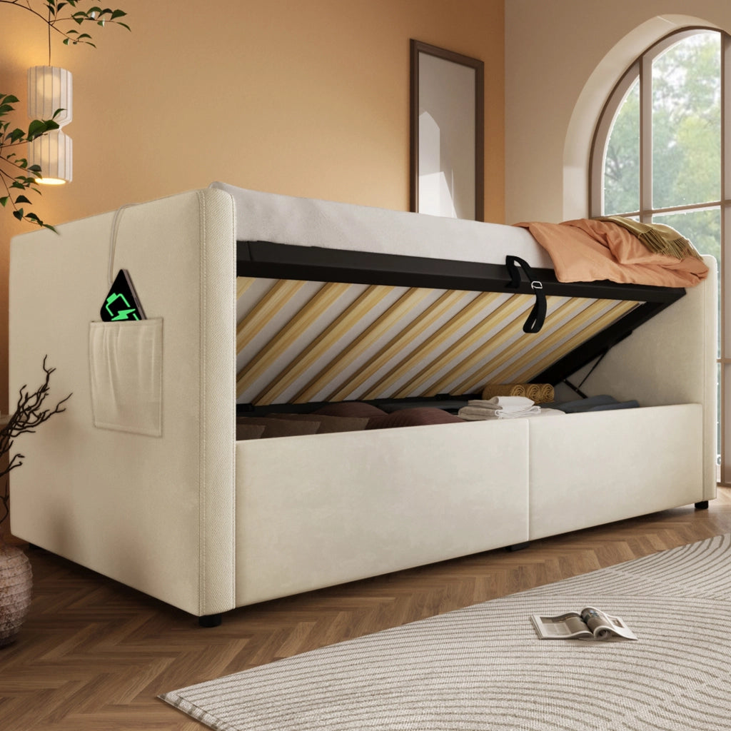 Divano letto 90x200 cm in velluto beige con vano contenitore idraulico e ricarica USB/Type-C