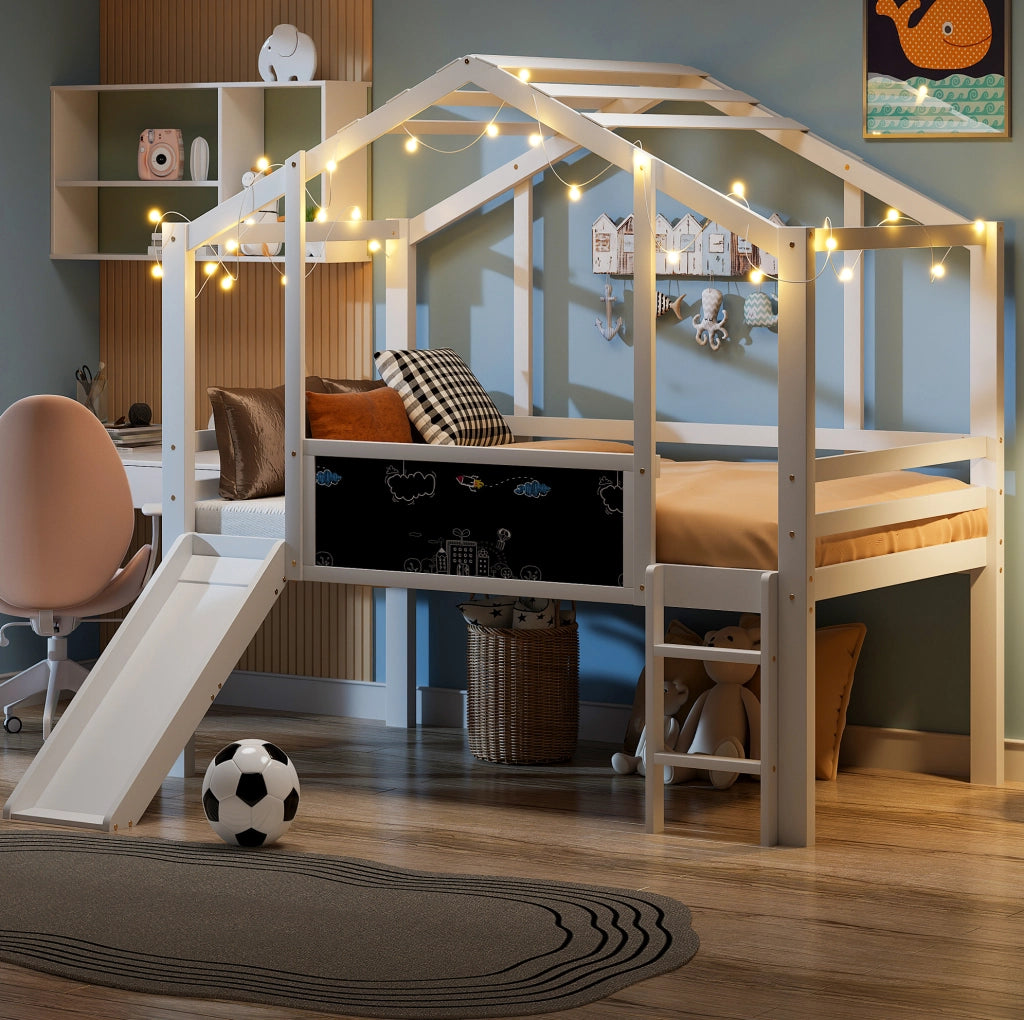 Letto a soppalco per bambini 90x200 cm con scivolo e lavagna