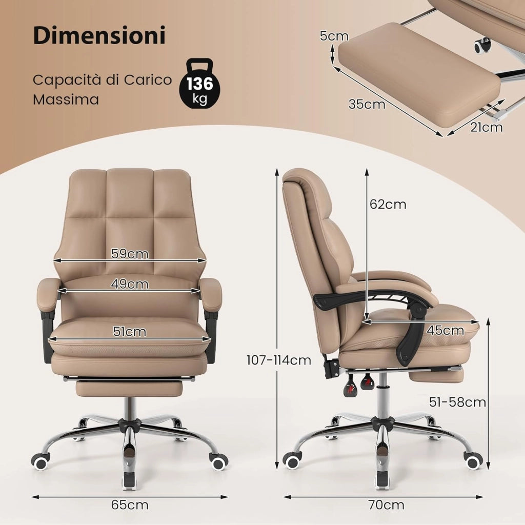 Sedia da Ufficio Ergonomica, Sedia per Computer con Sedile Girevole Regolabile, Schienale Reclinabile, Braccioli Collegati e Poggiapiedi Retrattile, Portata 136 kg