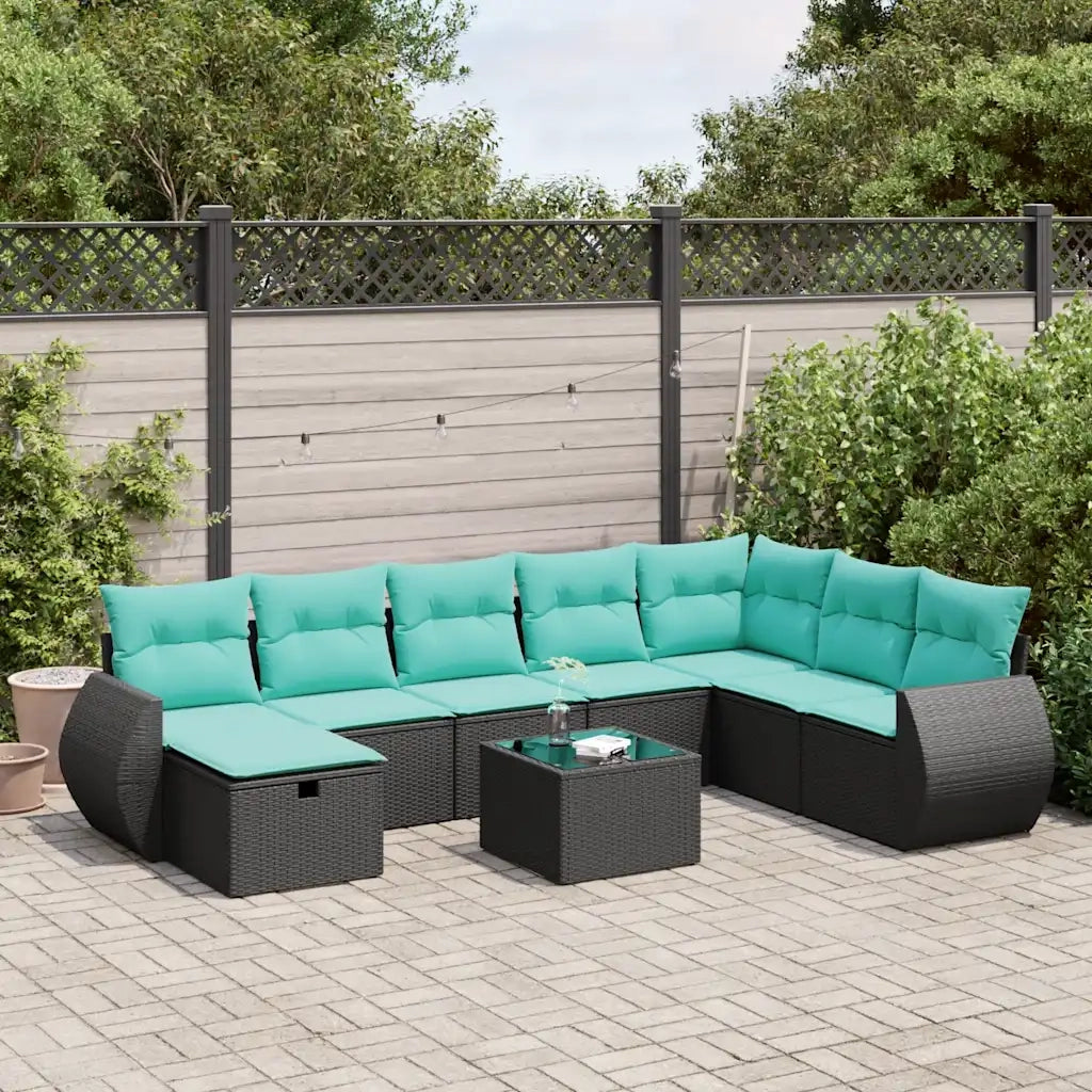 Set Divani da Giardino 9 pz con Cuscini Nero in Polyrattan