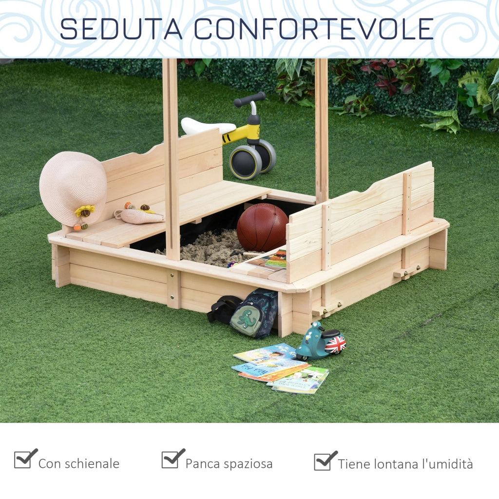 Sabbiera per Bambini in Legno con Tettuccio Parasole, Panca e Coperchio, 106x106x115 cm Bianco e Blu
