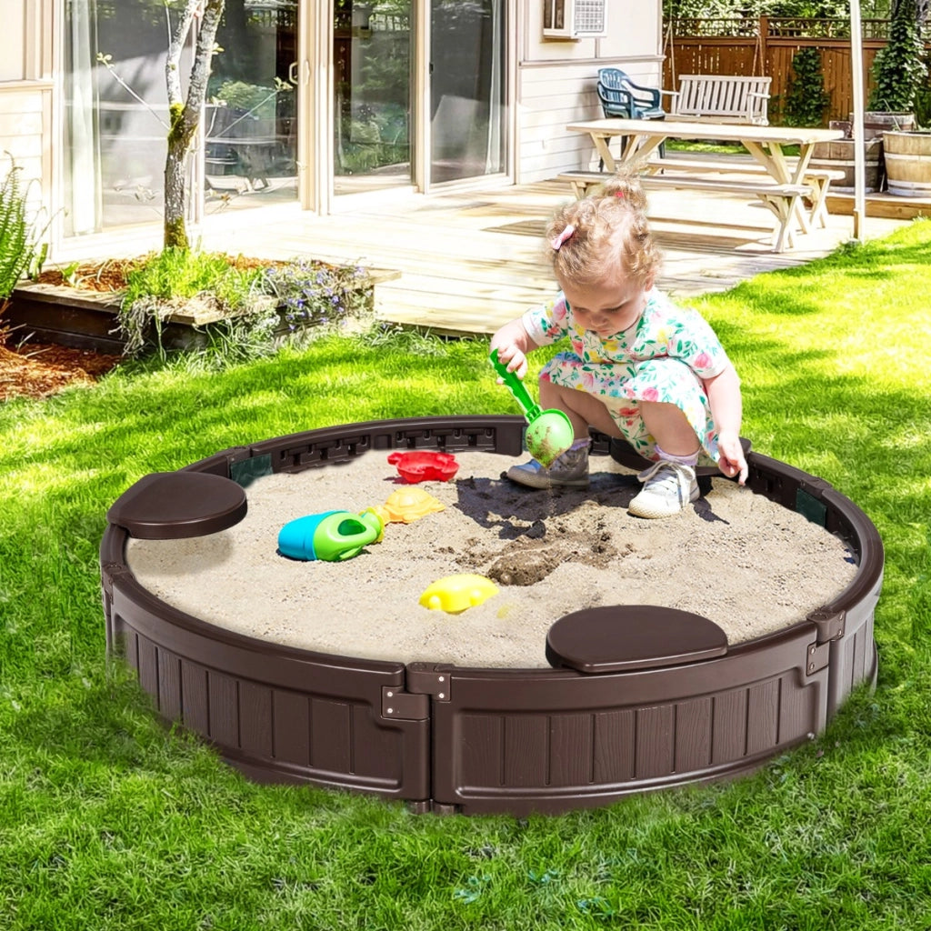 Recinto di sabbia rotondo 120 cm con copertura impermeabile, Kit recinto di sabbia da esterno per cortile Marrone-Giocattoli da spiaggia e sabbia