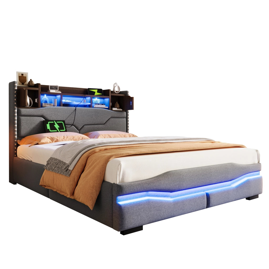 Letto Contenitore 140x200 cm; Matrimoniale; USB e LED; sollevamento idraulico in Lino Grigio