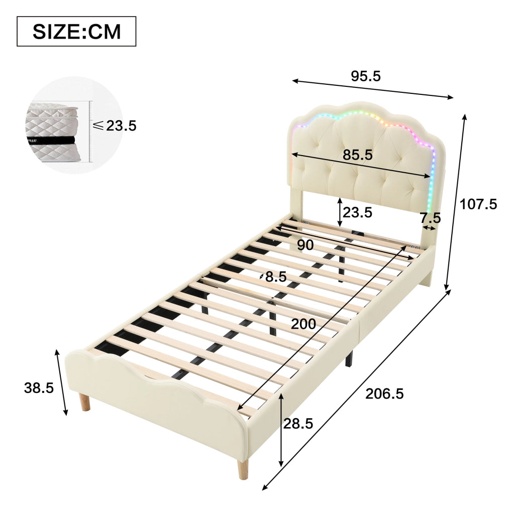 Letto singolo imbottito beige 90x200 cm con LED multicolore e testiera ondulata
