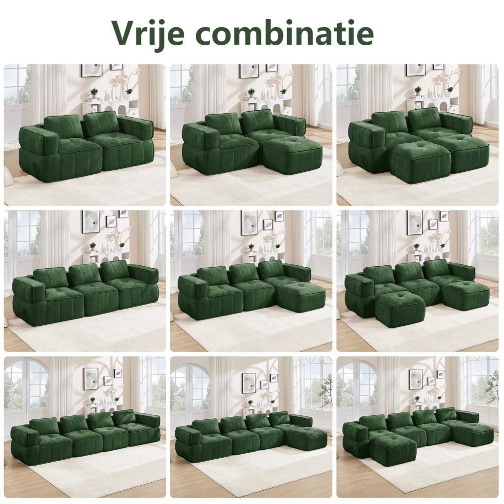 Divano modulare a L ULEVR 344x162 cm 4 posti con pouf, seduta profonda e braccioli larghi, verde