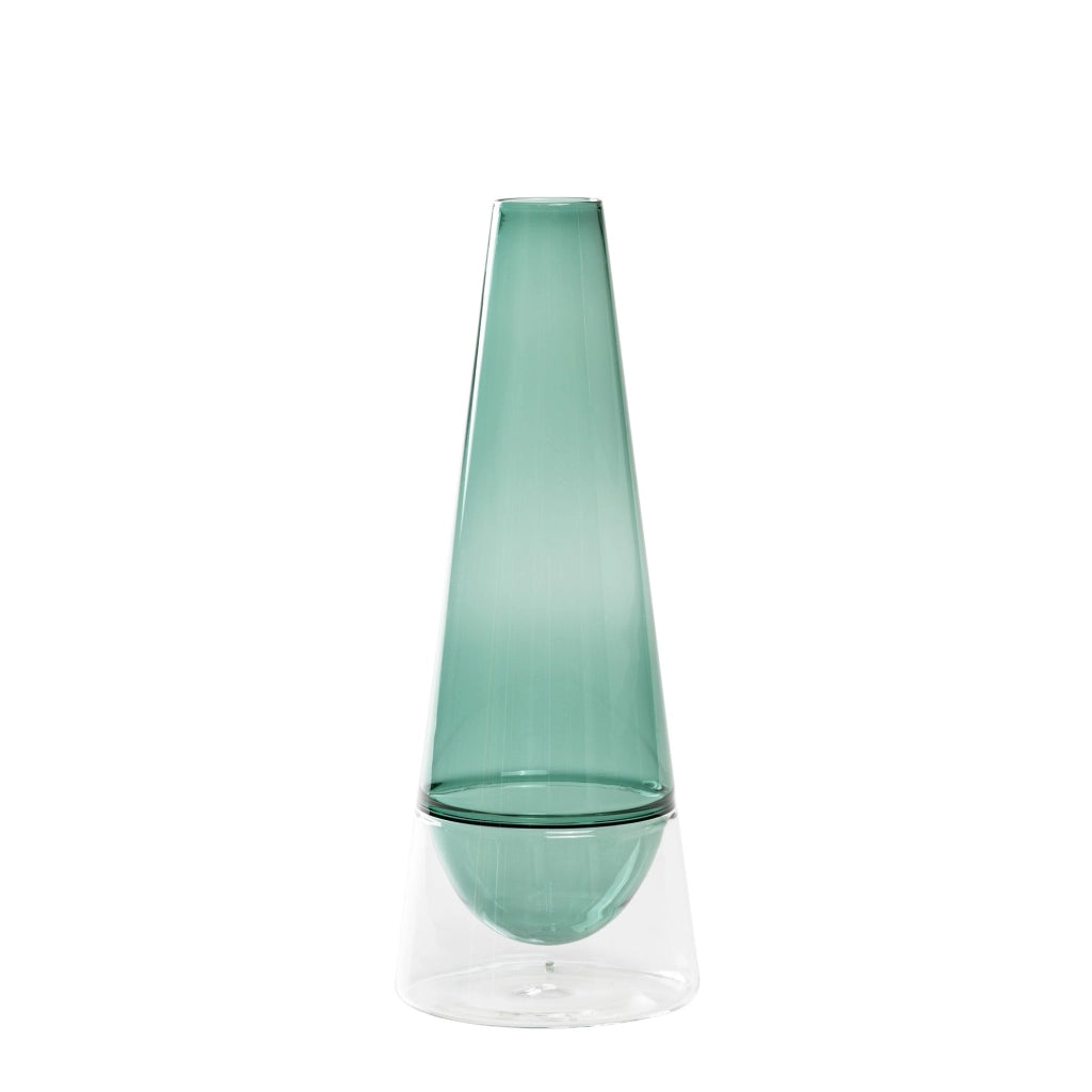 Vaso Conosfera 100 in vetro borosilicato soffiato a mano, design elegante color verde lago, tecnica incalmo per un complemento d'arredo unico