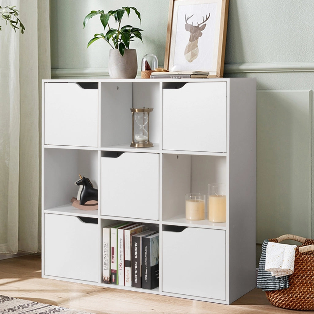 Armadietto con 9 cubi e ante di legno con scomparti, Espositore per casa ufficio libri giocattoli e decorazioni, Bianco-Librerie
