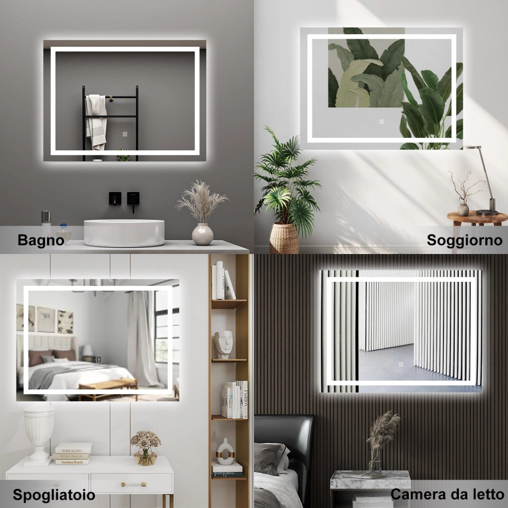 AICA Specchio da bagno  100 x 60 cm, dimmerabile, interruttore touch, Funzione Memoria, antiappannamento