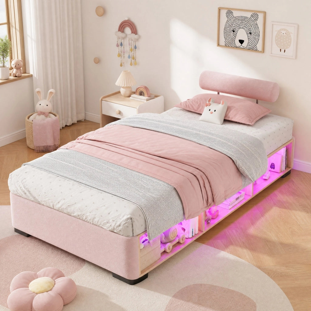 Letto imbottito per bambini rosa 90x200 cm con LED