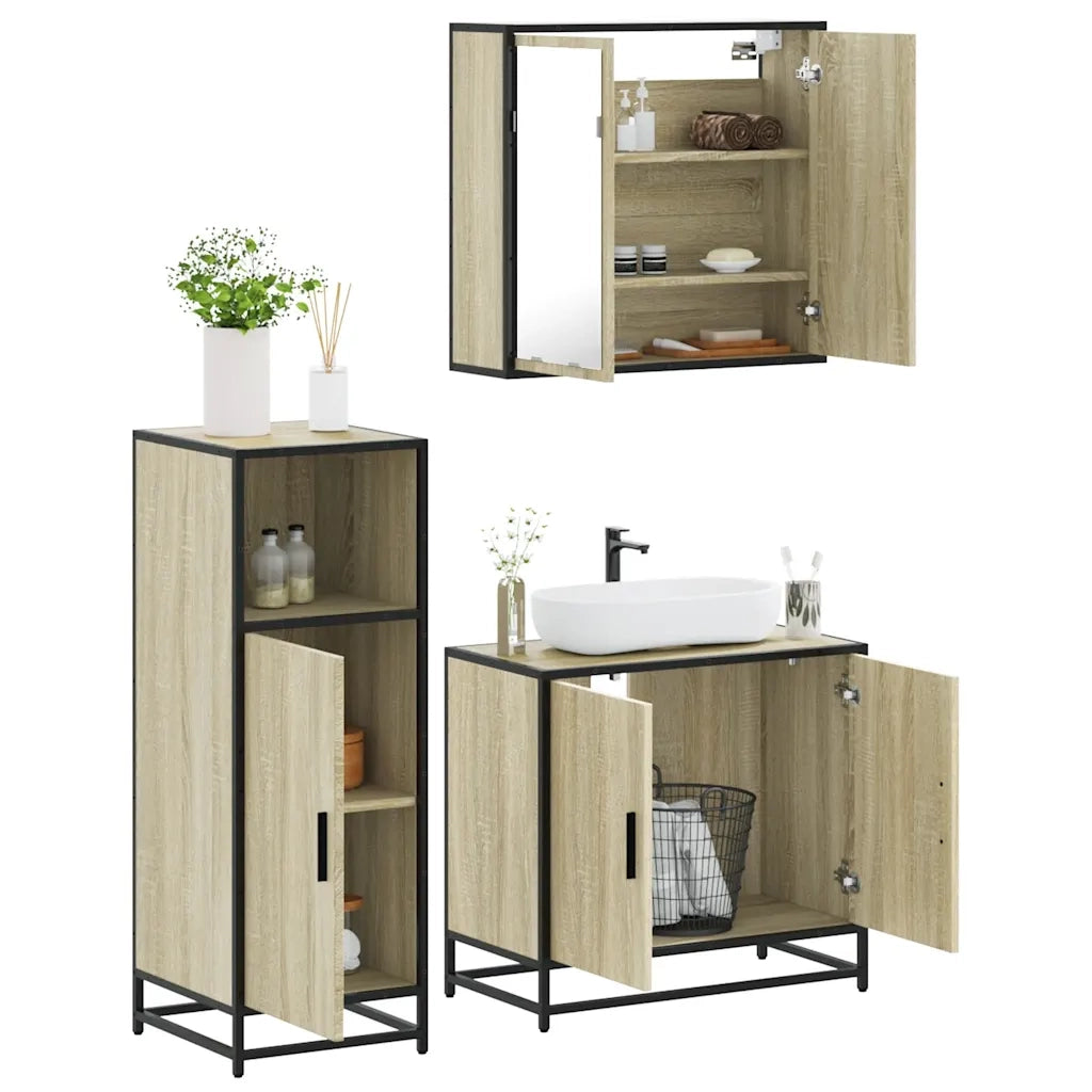 Set Mobili da Bagno | Armadio da bagno 3 pz Rovere Sonoma in Legno Multistrato