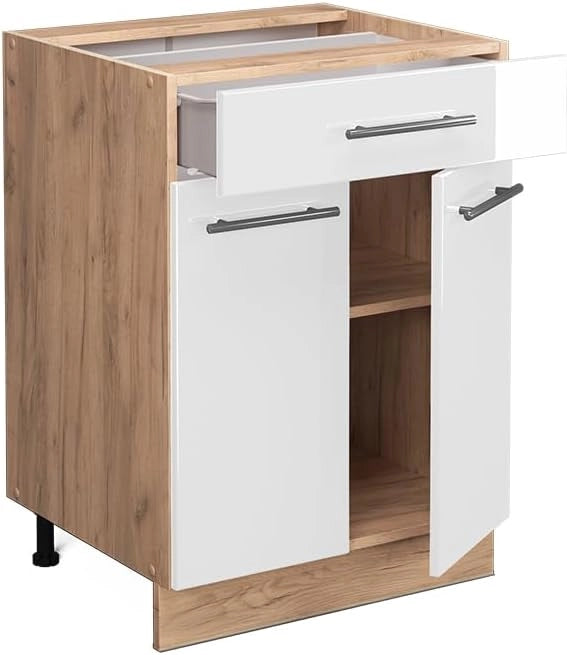 Mobiletto base per cucina Fame-Line, Bianco lucido, 60 cm con cassetto, PL Marmo, per la combinazione con altri moduli della serie Fame-Line
