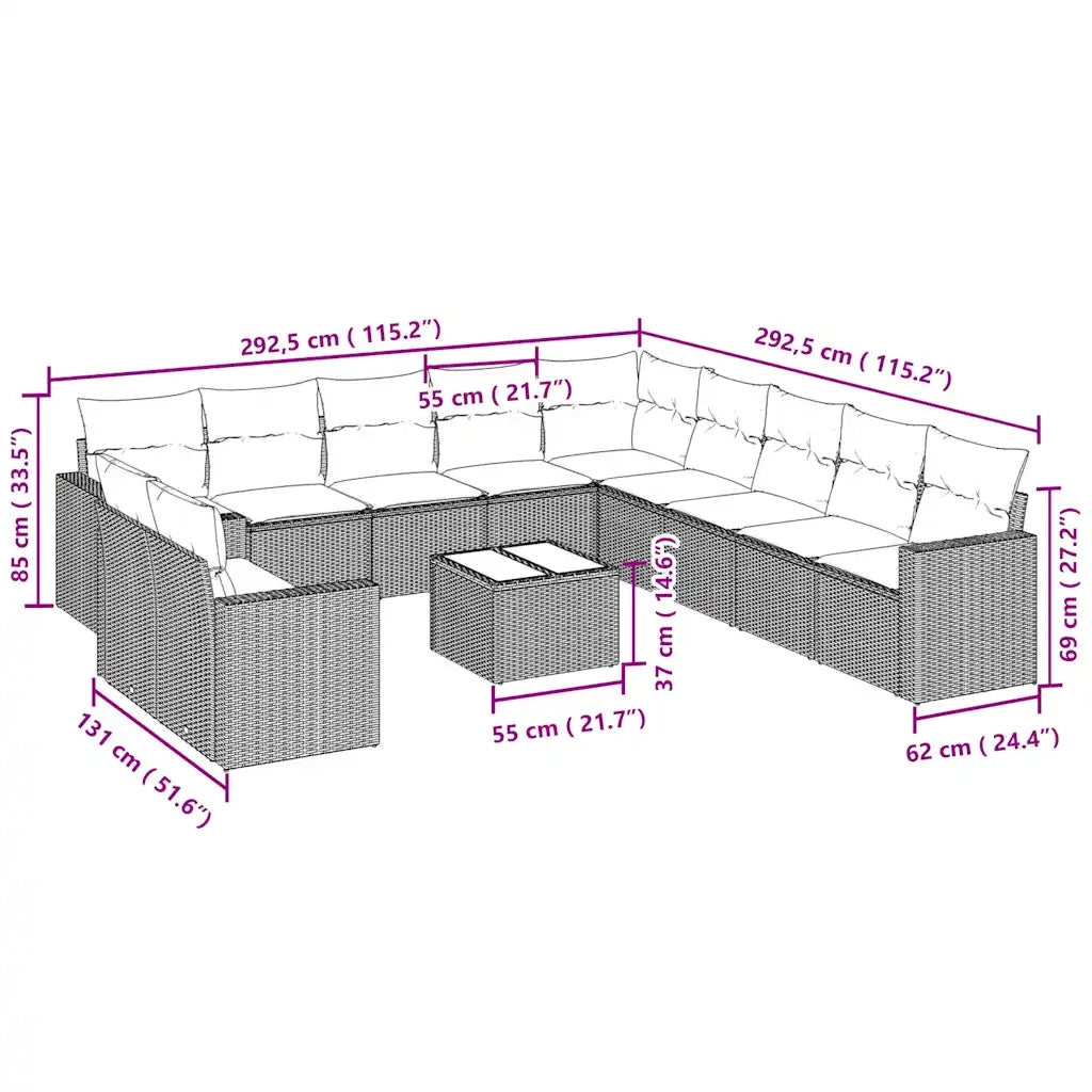 Set Divano Giardino 12 pz con Cuscini Grigio Chiaro Polyrattan