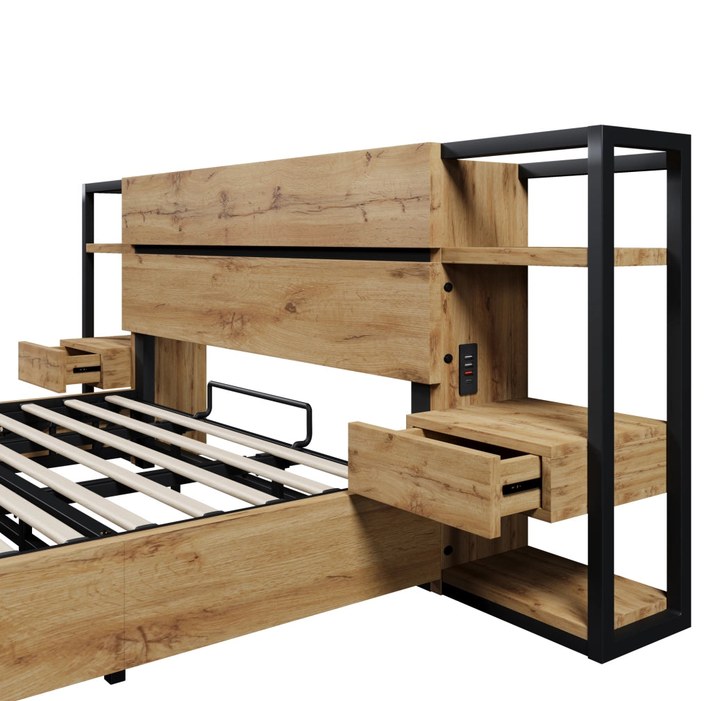 Letto matrimoniale ULEVR 180x200 cm con contenitore, comodini con cassetti e ricarica USB e Type-C, rovere