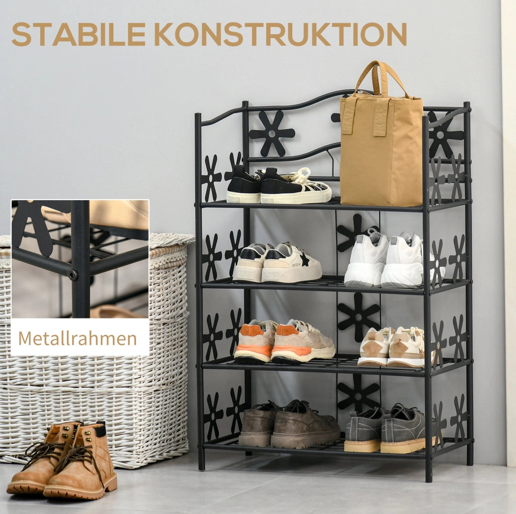 Scaffale in metallo nero a 4 ripiani con decorazioni floreali