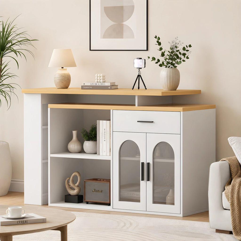 Isola da Cucina 136x50x78 cm Bianca e Rovere con Tavolo Girevole 360°, Cassetto e Ripiani