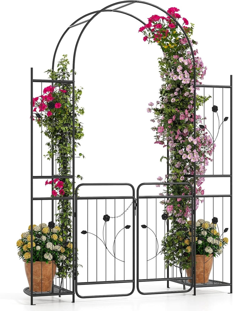 Arco da Giardino 220 cm, Pergolato con Cancello, Ripiani per Piante, Graticci per Rampicanti, Arco in Metallo per Piante Rampicanti da Esterno, Decorazione per Matrimoni e Cerimonie