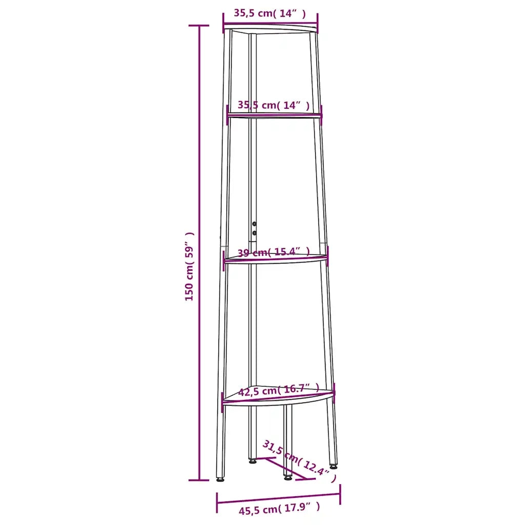 Scaffale angolare a 4 ripiani marrone scuro e nero 45,5x31,5x150 cm CFW2362753