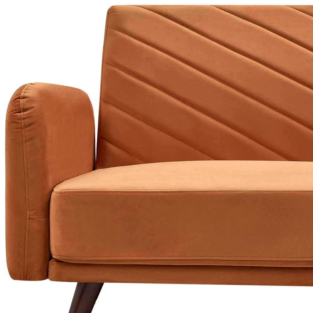 Divano Letto Tessuto Velluto Arancione Retro Soggiorno 3 Posti Gambe In Legno Bracci Pista
